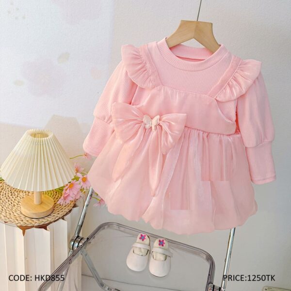 Soft Pink Satin-Bow Baby Dress with Ruffled Shoulders
