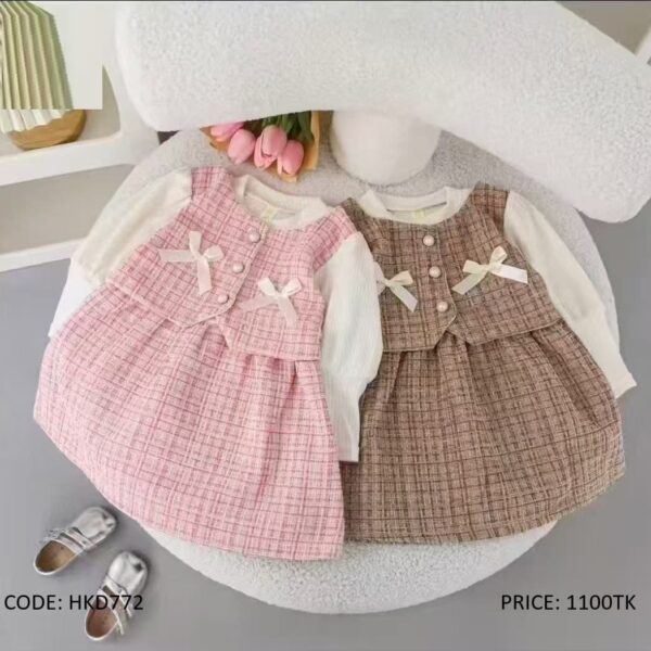 Cute Baby Girls' Tweed Pinafore Dress Set  Long Sleeve Frock