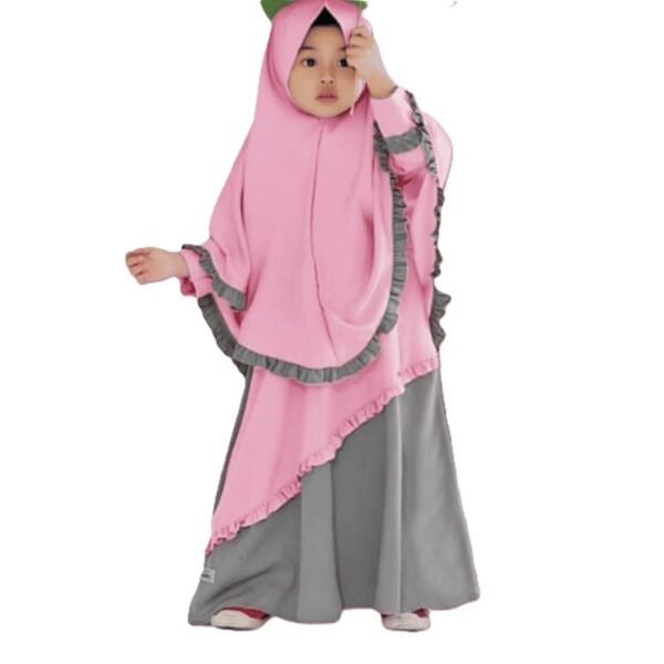 Premium Two-Piece Baby Borkha with Matching Hijab in Pink and Grey - Soft Breathable Modest Outfit for Toddlers - Kiddleplace BD