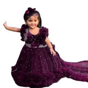 Premium Royal Plum Birthday Baby Gown with Long Ruffle Tail and Pearl Beadwork - Kiddleplace BD