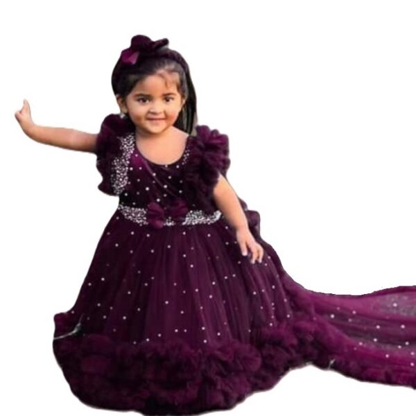 Premium Royal Plum Birthday Baby Gown with Long Ruffle Tail and Pearl Beadwork - Kiddleplace BD