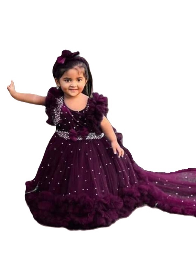 Premium Royal Plum Birthday Baby Gown with Long Ruffle Tail and Pearl Beadwork - Kiddleplace BD