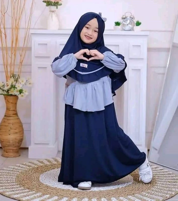 Premium Blossom Modest Set - Navy Blue and Sky Blue Baby Borkha with Matching Hijab and Soft Ruffle Details - Kiddleplace BD