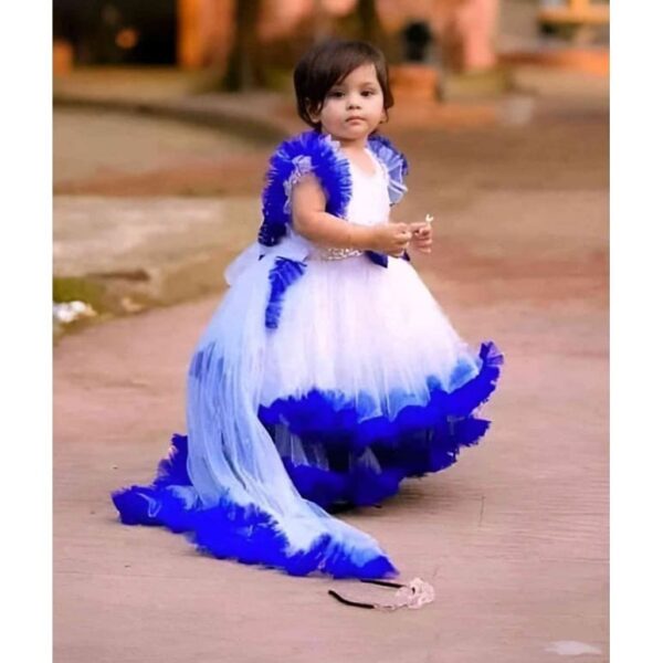 Premium Ocean Blue and White Tail Gown for Baby Girls with Elegant Pearl Waistband - Kiddleplace BD