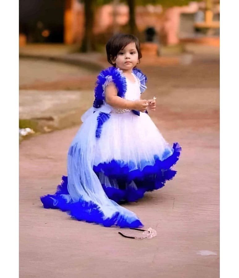 Premium Ocean Blue and White Tail Gown for Baby Girls with Elegant Pearl Waistband - Kiddleplace BD