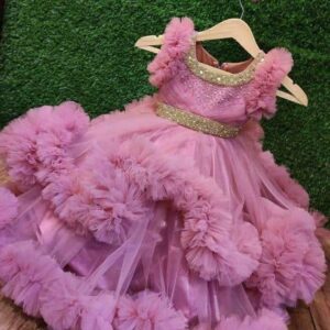 Premium Crimson Rose Birthday Baby Dress with Fluffy Layered Net and Golden Sequin Waist - Kiddleplace BD