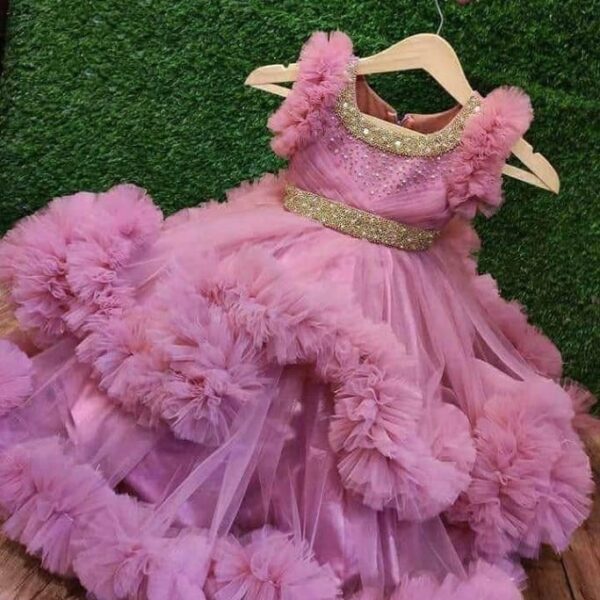 Premium Crimson Rose Birthday Baby Dress with Fluffy Layered Net and Golden Sequin Waist - Kiddleplace BD