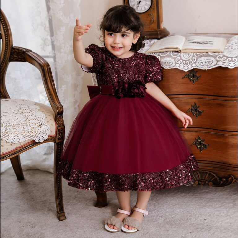 Premium China Baby Dress Collection in Bangladesh Premium Maroon Birthday Baby Dress with Glitter Sequin Bodice and Fluffy Tulle Skirt - Kiddleplace BD