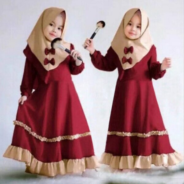 Premium Graceful Bloom Maroon Baby Borkha with Beige Hijab and Elegant Ruffle Details - Kiddleplace BD