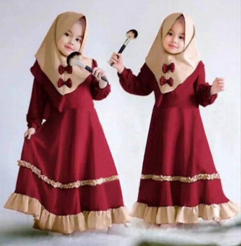 Premium Graceful Bloom Maroon Baby Borkha with Beige Hijab and Elegant Ruffle Details - Kiddleplace BD
