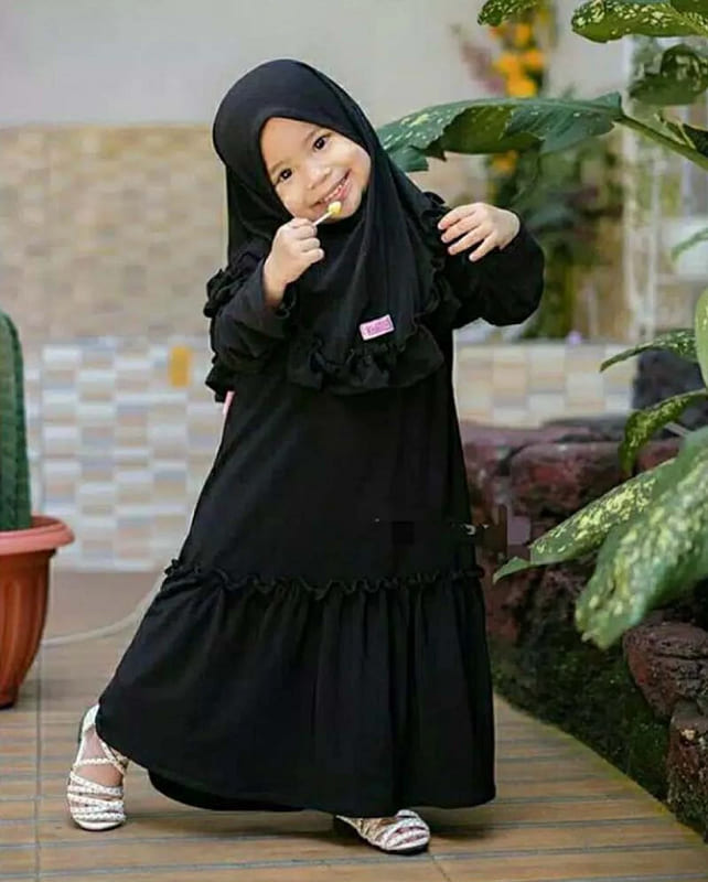 Premium Baby Borkha - Full Coverage Black Islamic Dress for Little Girls with Ruffled Hijab - Kiddleplace BD