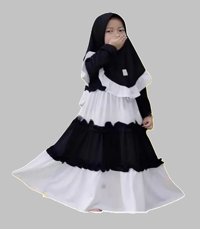 Premium Charming Baby Borkha - Black and White Layered Modest Dress with Ruffled Details for Little Girls - Kiddleplace BD