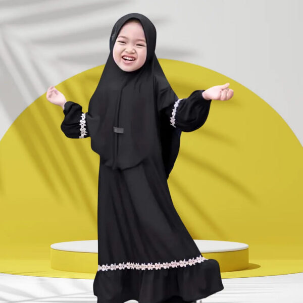 Premium Black Toddler Borkha Set with White Lace Embroidery for Early Hijab Practice - Kiddleplace BD