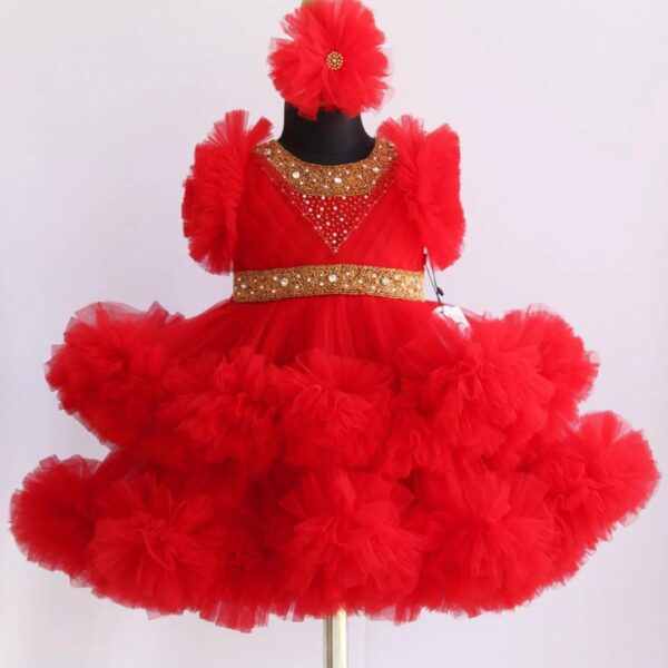 Premium Little Diva Red Birthday Baby Dress with Golden Embroidery and Layered Net Ruffles - Kiddleplace BD