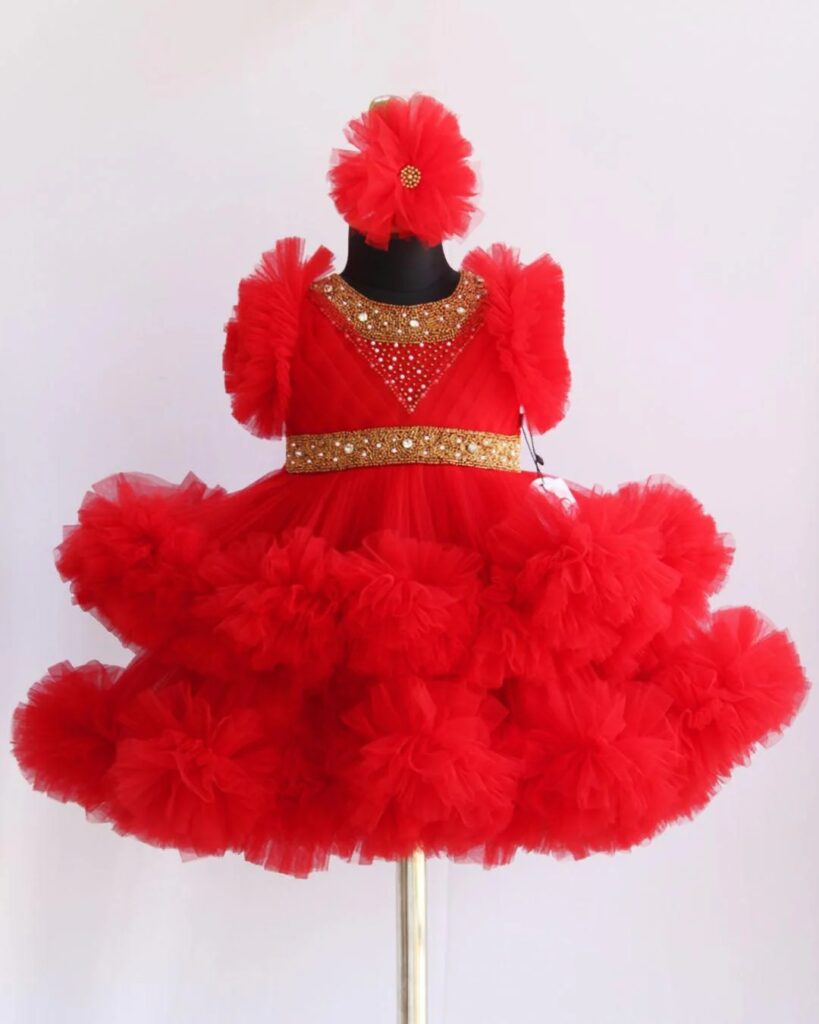 Premium Little Diva Red Birthday Baby Dress with Golden Embroidery and Layered Net Ruffles - Kiddleplace BD