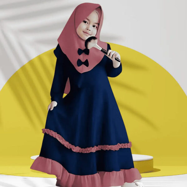 Premium Little Noor Navy Blue Baby Borkha Set with Contrast Pink Hijab and Bow Details - Kiddleplace BD