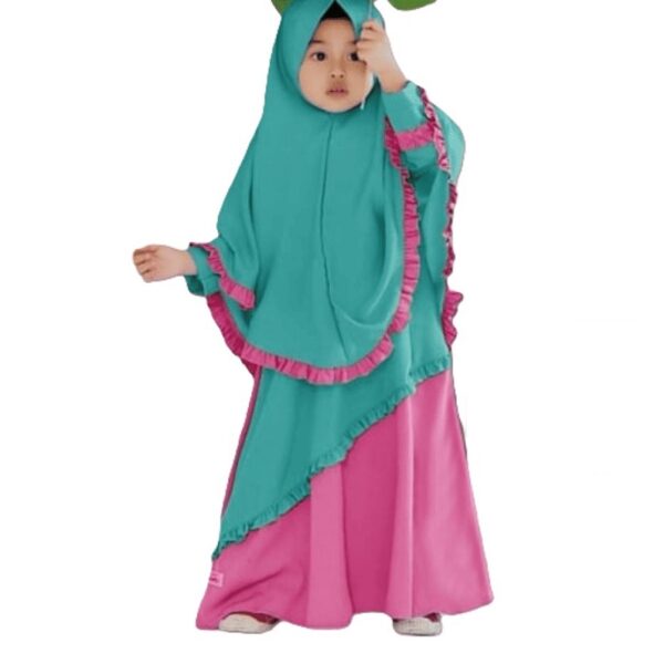 Premium Mini Modest Borkha for Kids - Sea Green and Pink Dual Tone Islamic Dress with Ruffled Details - Kiddleplace BD
