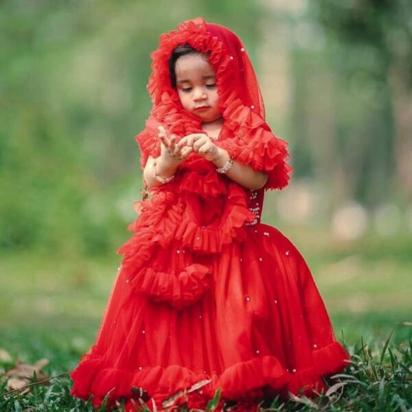 Premium Pearl Touch Red Birthday Baby Gown with Ruffle Hood and Elegant Embroidery - Kiddleplace BD