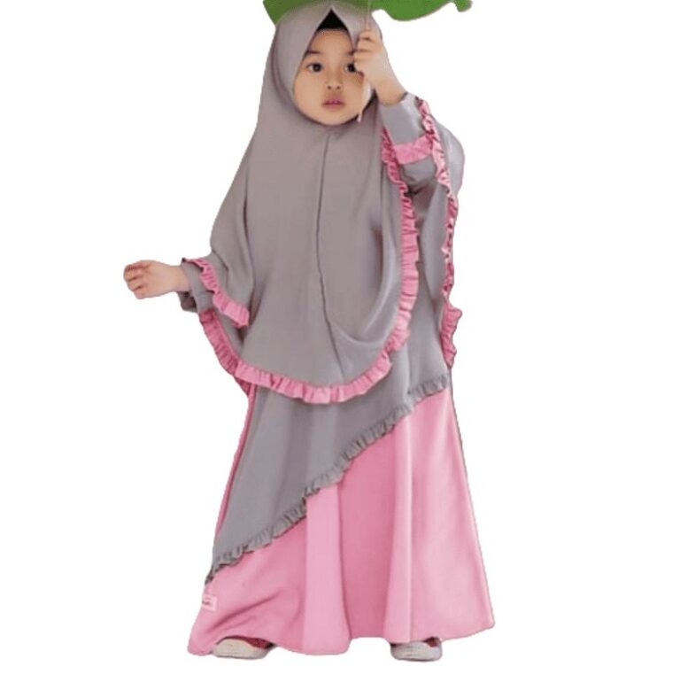 Premium Prayer-Ready Grey and Pink Baby Borkha with Full Length Modest Design and Ruffled Borders - Kiddleplace BD