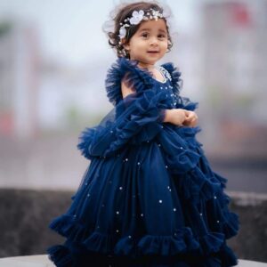 Premium Navy Blue Birthday Baby Gown with Elegant Pearl Embroidery and Ruffle Tulle - Kiddleplace BD