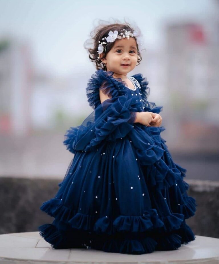 Premium Navy Blue Birthday Baby Gown with Elegant Pearl Embroidery and Ruffle Tulle - Kiddleplace BD
