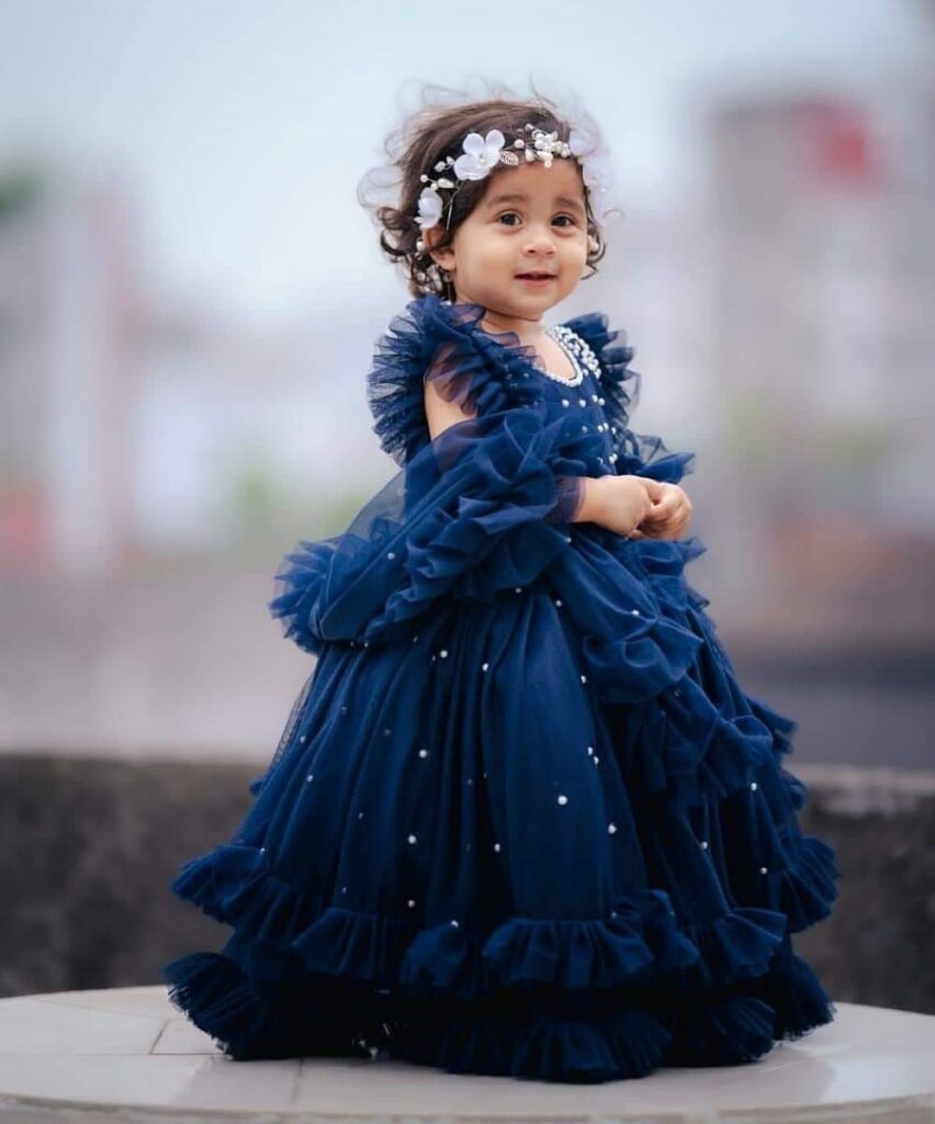 Premium Navy Blue Birthday Baby Gown with Elegant Pearl Embroidery and Ruffle Tulle - Kiddleplace BD
