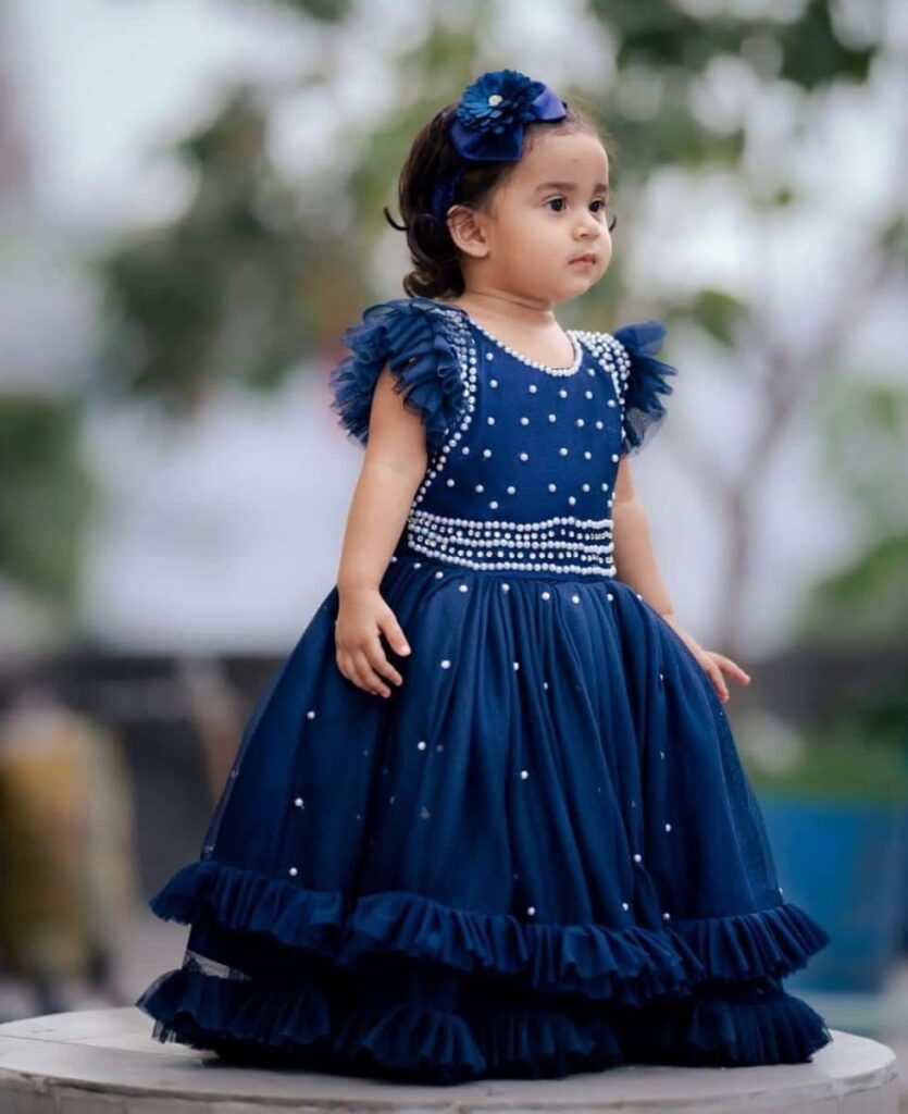 Premium Navy Blue Birthday Baby Gown with Elegant Pearl Embellishments and Ruffle Tulle - Kiddleplace BD
