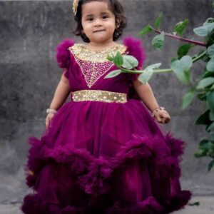 Premium Royal Plum Birthday Baby Dress with Elegant Pearl Embellishment and Ruffle Tulle - Kiddleplace BD
