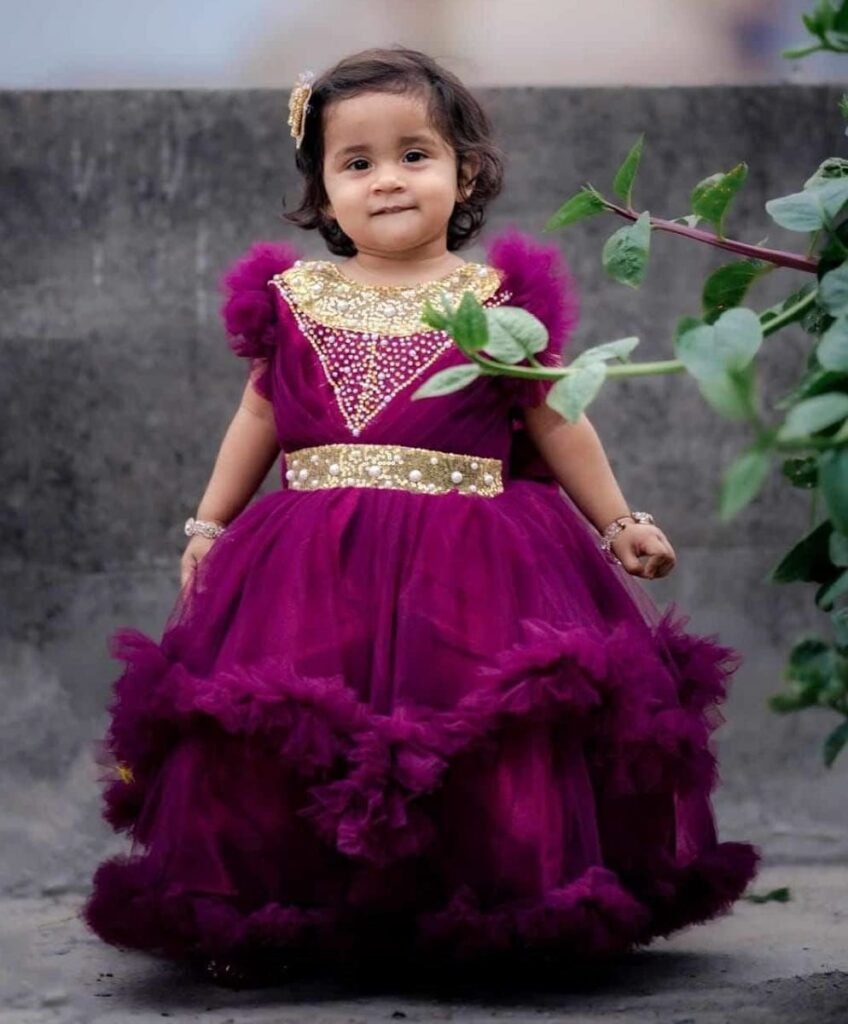 Premium Royal Plum Birthday Baby Dress with Elegant Pearl Embellishment and Ruffle Tulle - Kiddleplace BD
