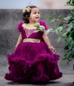 Premium Royal Plum Birthday Baby Dress with Elegant Pearl Embellishment and Ruffle Tulle - Kiddleplace BD