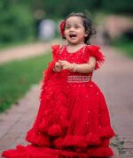 Premium Royal Red Birthday Baby Gown with Elegant Pearl Embroidery and Layered Ruffles - Kiddleplace BD