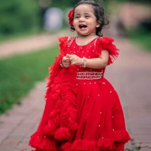Premium Royal Red Birthday Baby Gown with Elegant Pearl Embroidery and Layered Ruffles - Kiddleplace BD