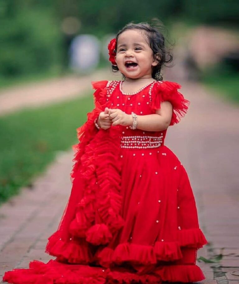 Premium Royal Red Birthday Baby Gown with Elegant Pearl Embroidery and Layered Ruffles - Kiddleplace BD