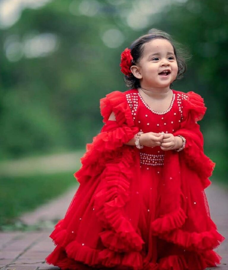Premium Royal Red Birthday Baby Gown with Heavy Pearl Work and Layered Ruffles - Kiddleplace BD