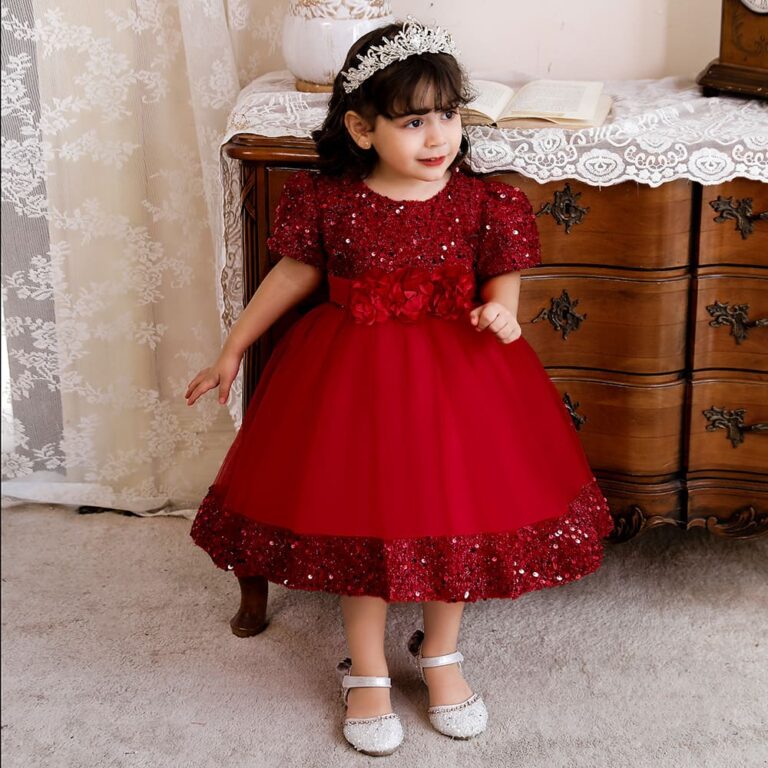Premium Ruby Princess Birthday Baby Dress with Sparkling Sequin Bodice and Red Tulle Skirt - Kiddleplace BD
