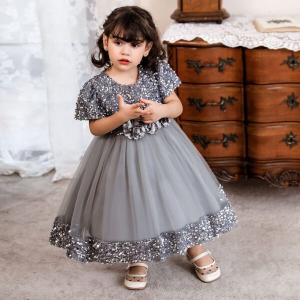 Premium Silver Spark Birthday Baby Gown with Elegant Grey Tulle and Sparkling Sequin Bodice - Kiddleplace BD