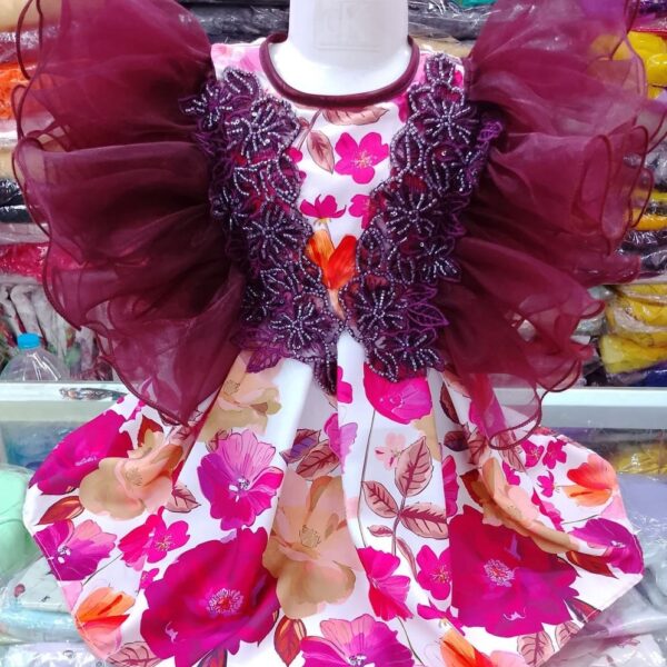 Premium Burgundy Birthday Baby Dress with Puff Sleeves, Beaded Lace, and Colorful Floral Print Skirt - Kiddleplace BD