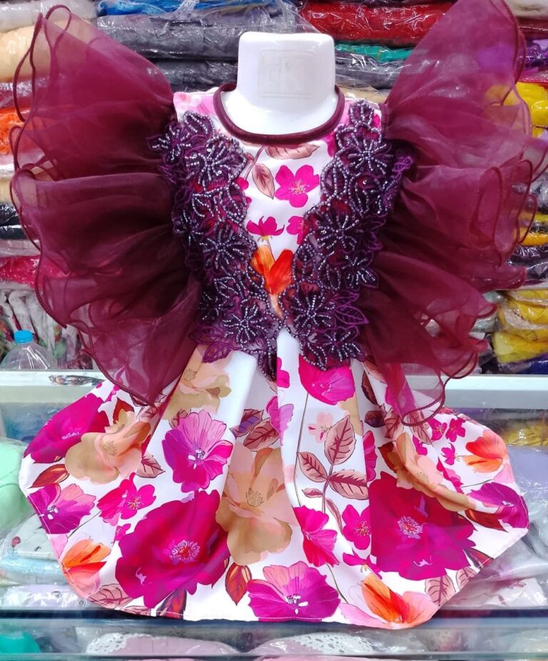 Premium Burgundy Birthday Baby Dress with Puff Sleeves, Beaded Lace, and Colorful Floral Print Skirt - Kiddleplace BD