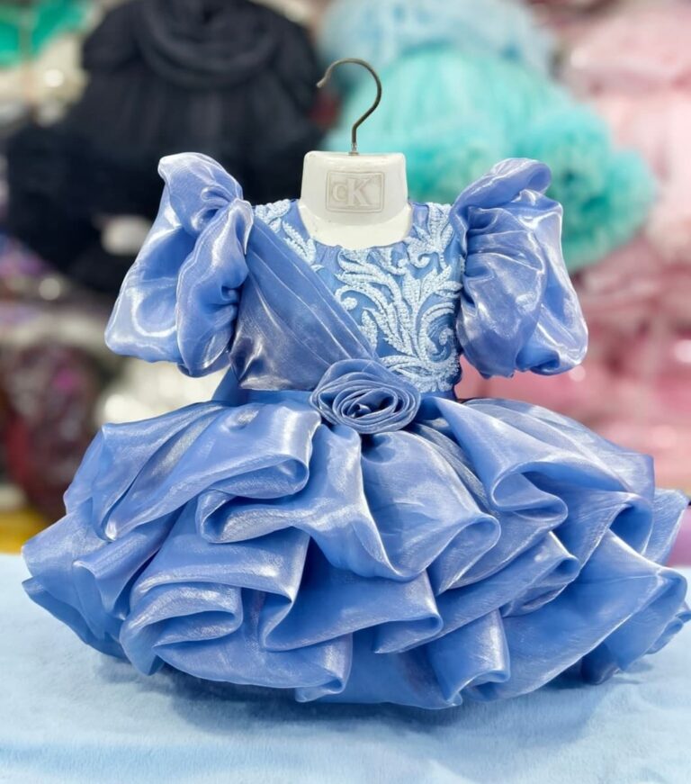 Luxury Periwinkle Blue Embroidered Organza Ruffle Baby Girl Dress - Kiddleplace