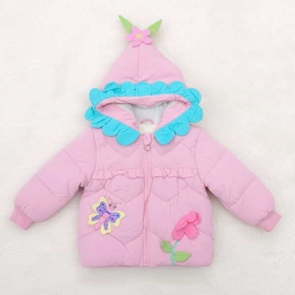 Pink Hooded Puffer Jacket with Flower Appliqué & Scallop Hood HKD816-2250