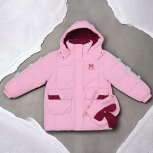 Stylish and Warm Pink Puffer Girls' Coat with Matching Pouch
