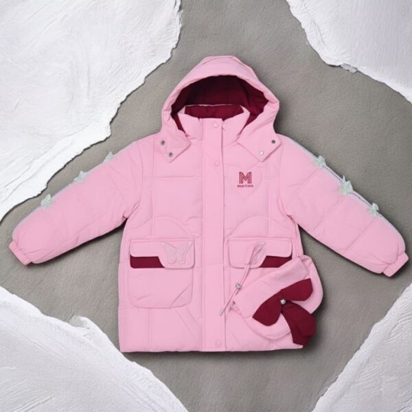 Stylish and Warm Pink Puffer Girls' Coat with Matching Pouch