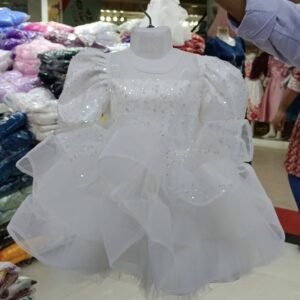Premium White Sequin Baby Dress with Puffy Sleeves for Party - Kiddleplace