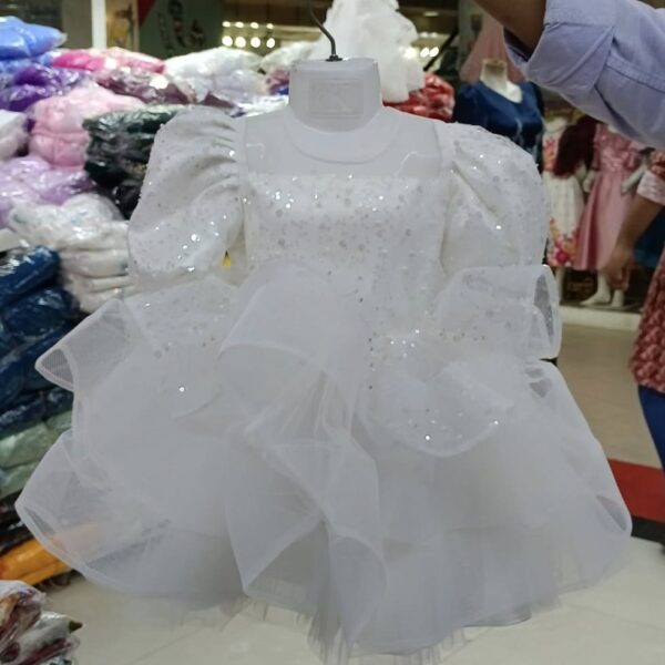 Premium White Sequin Baby Dress with Puffy Sleeves for Party - Kiddleplace