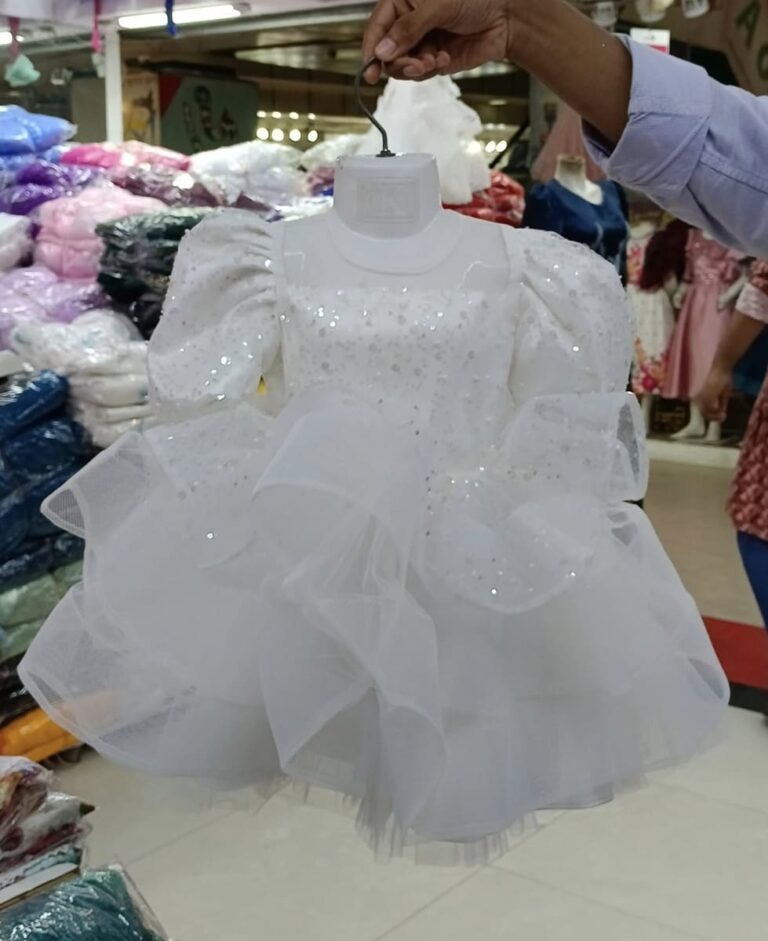 Premium White Sequin Baby Dress with Puffy Sleeves for Party - Kiddleplace