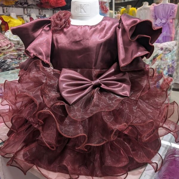 Premium Wine Red Birthday Baby Dress with Satin Bodice and Layered Organza Skirt - Kiddleplace BD