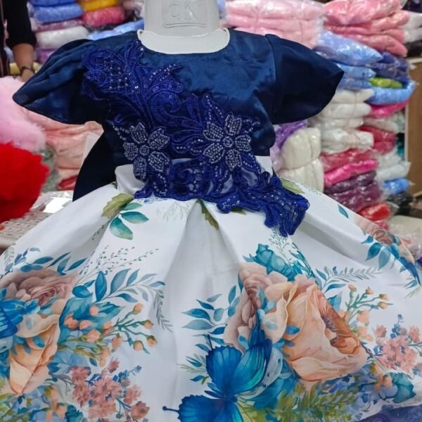 Teal & White Floral Print Party Dress – Beaded Bodice with Butterfly and Rose Skirt Design