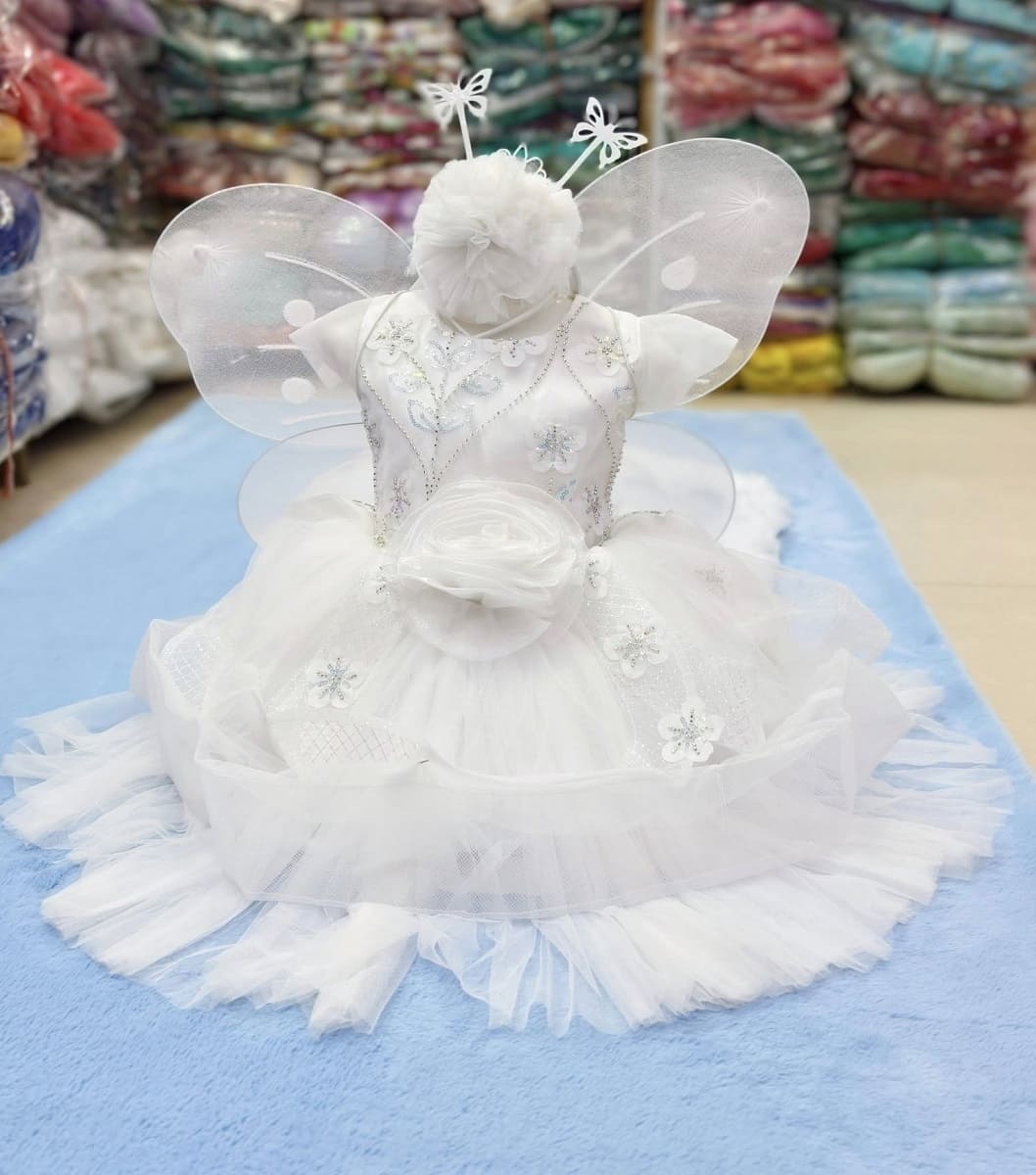 Baby Girl Party Dress White Fairy Style Tulle Frock with Wings & Headband   Kiddleplace | Best Online Shop for Premium Baby Dress & Kids Fashion in BD