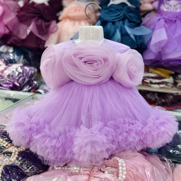 Premium Lavender Birthday Baby Dress with Elegant 3D Rose Design and Ruffle Tulle - Kiddleplace BD
