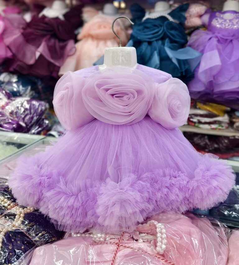 Premium Lavender Birthday Baby Dress with Elegant 3D Rose Design and Ruffle Tulle - Kiddleplace BD